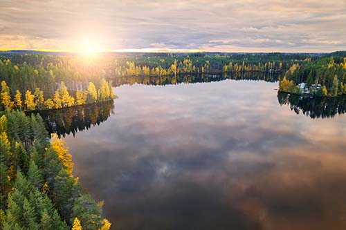 CANUE | Linked CANUE and administrative health databases: PopDataBC, MCHP and NB_IRDT | March 27th | 2020Aerial view of Harvinjarvi lake in Finland. Finnish nature. Beau